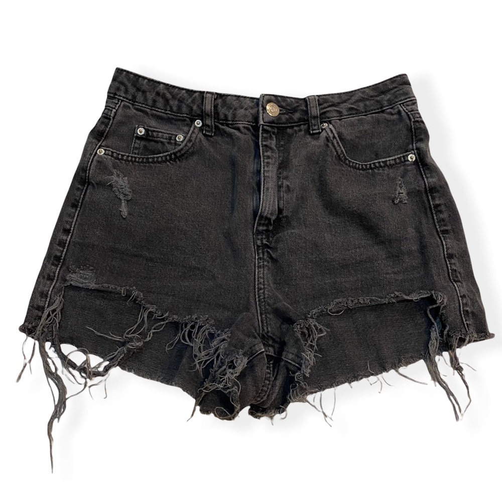 Topshop Moto Mom Black Denim High Rise Jean Shorts Distressed Frayed Hem US 6